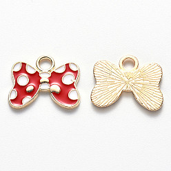 Red Alloy Enamel Pendants, Bowknot, Light Gold, Red, 14.5x18.5x1.5mm, Hole: 3mm