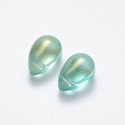 Aquamarine Transparent Spray Painted Glass Charms, with Glitter Powder, Teardrop, Aquamarine, 9x6x6mm, Hole: 1mm