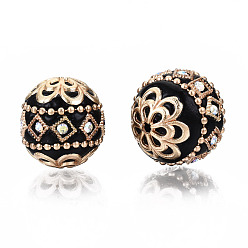 Black Handmade Indonesia Beads, with Crystal AB Rhinestone and Brass Findings, Round, Golden, Black, 19.5x18.5mm, Hole: 1.6mm
