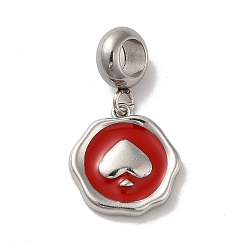 FireBrick 304 Stainless Steel Enamel European Dangle Charms, Large Hole Pendants, Flat Round with Spade Pattern, Stainless Steel Color, FireBrick, 25mm, Pendant: 15x14x2.5mm, Hole: 4.5mm