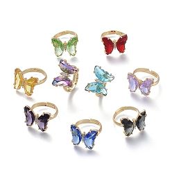 Mixed Color Adjustable Brass Glass Finger Rings, with Clear Cubic Zirconia, Butterfly, Golden, Mixed Color, Size 7, Inner Diameter: 17mm