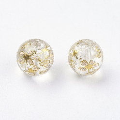 Clear Flower Picture Printed Glass Beads, Round, Clear, 8x7mm, Hole: 1mm