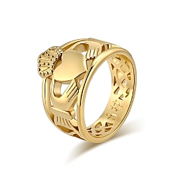Oro Anillos de dedo huecos de acero de titanio para hombres y mujeres., anillo claddagh con corona de corazón, dorado, tamaño de EE. UU. 9 3/4 (19.5 mm)
