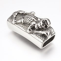 Antique Silver 316 Surgical Stainless Steel Slide Charms, Rectangle with Skull, Antique Silver, 38x17x18mm, Hole: 6.5x12mm
