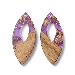 Purple Transparent Resin & Walnut Wood Pendants, with Gold Foil, Horse Eye Charms, Purple, 38x15.5x3.5mm, Hole: 2mm