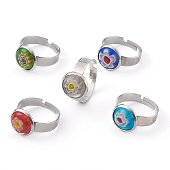 Mixed Color Adjustable Handmade Millefiori Glass Finger Rings, with 304 Stainless Steel Findings, Flower, Mixed Color, Ring Surface: 12mm, US Size 6 3/4(17.1mm)