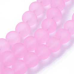 Pearl Pink Transparent Glass Bead Strands, Frosted, Round, Pearl Pink, 6mm, Hole: 1.3~1.6mm, about 140pcs/strand, 31.4 inch