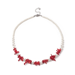 Synthetic Coral Dyed Synthetic Red Coral Chips & Natural Shell Pearl Graduated Beaded Necklaces for Women, 17.52 inch(44.5cm)
