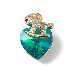 Dark Cyan Real 18K Gold Plated Rack Plating Brass Micro Pave Clear Cubic Zirconia Pendants, with Glass, Long-Lasting Plated, Cadmium Free & Lead Free, Horse & Heart Charm, Dark Cyan, 17.5x12x10mm, Hole: 2x4mm