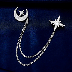 Platinum Cubic Zirconia Moon & Star Lapel Pin with Hanging Safety Chains, Brass Badge for Suit Shirt Collar, Platinum, Pendant: 22~23mm, Chain: 120mm, 145mm