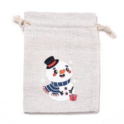 Bonhomme de neige Pochettes de rangement en tissu de coton de noël, rectangles sacs à cordon, pour les sacs-cadeaux de bonbons, modèle de bonhomme de neige, 13.8x10x0.1 cm