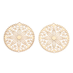 Light Gold Rack Plating Brass Filigree Pendants, Long-Lasting Plated, Flat Round with Flower, Nickel Free, Light Gold, 31.5x30x0.4mm, Hole: 1.4mm