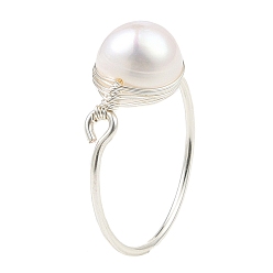 Белый Кольцо на палец с плетеной бусиной из натурального жемчуга, Женское серебряное кольцо из медной проволоки, белые, внутренний диаметр: 18.8 мм