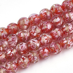 Red Handmade Gold Sand Lampwork Beads, Inner Flower, Round, Red, 8~8.5x7~8mm, Hole: 1.5~2mm