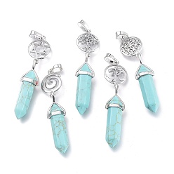 Synthetic Turquoise Synthetic Turquoise Pointed Big Pendants, Double Terminated Pointed, with Platinum Plated Brass Findings, Faceted, Bullet, 59~67x14~15mm, Hole: 7x5mm, Gemstone: 41~44x8mm