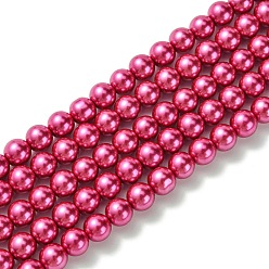 Fucsia Hebras redondas de perlas de vidrio teñido ecológico, Grado A, cordón de algodón rosca, fucsia, 8 mm, agujero: 1.2~1.5 mm, sobre 52 unidades / cadena, 15 pulgada