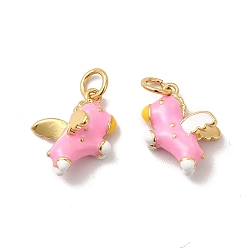 Pearl Pink Rack Plating Brass Enamel Pendants, with Jump Rings, Long-Lasting Plated, Lead Free & Cadmium Free, Real 18K Gold Plated, Horse Charm, Pearl Pink, 11x13x7.5mm, Hole: 3.5mm