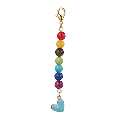 Light Blue Alloy Enamel Heart Pendant Decorations, with Chakra Natural Gemstone Round Bead and Alloy Lobster Claw Clasps, Light Blue, 100mm