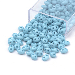 Sky Blue 2-Hole Seed Beads, Czech Glass Beads, Oval, Sky Blue, 5x3~3.5x2.5~3mm, Hole: 0.5mm, about 194pcs/box, Net Weight: 10g/box