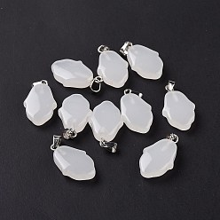 White Jade Natural White Jade Pendants, Hamsa Hand Charms, with Platinum Plated Alloy Snap on Bails, 24~24.5x15x7mm, Hole: 5.5x3mm
