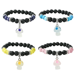 Mixed Color Natural Lava Rock & Cat Eye Round Beaded Stretch Bracelet with Resin Mushroom Charms, Mixed Color, Inner Diameter: 2 inch(5.05cm)