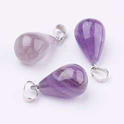 Amethyst Natural Amethyst Pendants, with Platinum Tone Brass Findings, Drop, 24~24.5x14mm, Hole: 5x7mm