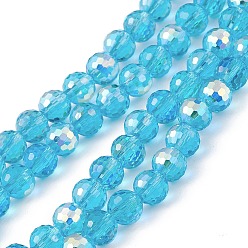 Bleu Ciel Foncé Transparentes perles de verre de galvanoplastie brins, à facettes (96 facettes), ronde, de couleur plaquée ab , bleu profond du ciel, 7.5~8x7mm, Trou: 1.2mm, Environ 70~72 pcs/chapelet, 20.08~20.47 pouce (51~52 cm)