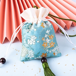 Light Sky Blue Silk Embroidery Flower Pouches, Drawstring Bag, Rectangle with Tassel, Light Sky Blue, 11.5x8.5cm
