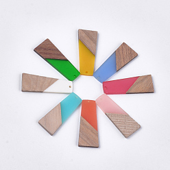 Mixed Color Resin & Walnut Wood Pendants, Trapezoid, Mixed Color, 49~49.5x19~19.5x3.5mm, Hole: 2mm