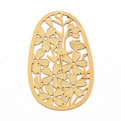 Golden Brass Pendants, Etched Metal Embellishments, Hollow Out Oval with Flower, Golden, 40x24x0.2mm, Hole: 1.6mm