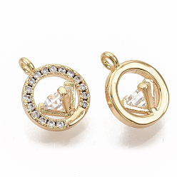 Real 18K Gold Plated Brass Micro Pave Clear Cubic Zirconia Charms, Nickel Free, Ring with Diamond, Real 18K Gold Plated, 12.5x10x7mm, Hole: 1.5mm