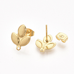 Golden 304 Stainless Steel Stud Earring Findings, with Loop and Ear Nuts/Earring Backs, Leaf, Golden, 14x11mm, Hole: 1mm, Pin: 0.7mm