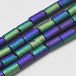 Indigo Electroplate Glass Beads Strands, Rainbow Plated, Frosted, Tube, Indigo, 4~5x2~3mm, Hole: 0.5mm, about 100pcs/strand, 19.68 inch