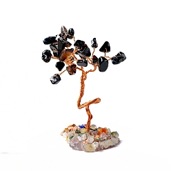 Obsidienne Éclats de pierres précieuses naturelles et décorations d'affichage de piédestal en obsidienne naturelle, avec fils de laiton plaqué or rose, arbre chanceux, 60~131mm