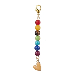 Wheat Alloy Enamel Heart Pendant Decorations, with Chakra Natural Gemstone Round Bead and Alloy Lobster Claw Clasps, Wheat, 100mm