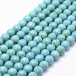 Sky Blue Faceted Synthetical Turquoise Beads Strands, Round, Dyed, Sky Blue, 8mm, Hole: 1.2mm, about 48~49pcs/strand, 14.5 inch.