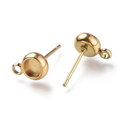 Golden Ion Plating(IP) 304 Stainless Steel Stud Earring Settings, with Loop, Flat Round, Golden, Flat Round: 9x6.3mm, Hole: 1.8mm, Pin: 0.8mm, Tray: 4mm