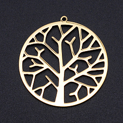 Golden 201 Stainless Steel Pendants, Filigree Joiners Findings, Laser Cut, Flat Round with Tree, Golden, 37x34.5x1mm, Hole: 1.5mm
