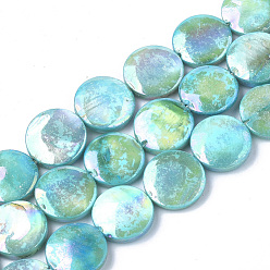 Cyan Chapelets de perles en coquille eau douce , de couleur plaquée ab , teint, plat rond, cyan, 10~11.5x3~4mm, Trou: 1mm, 34 pcs / chapelet, 15.15 pouce