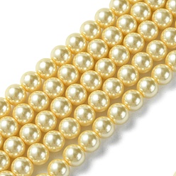 Kaki Clair Brins de perles rondes en verre teinté écologique, Grade a, cordon en coton fileté, kaki clair, 8mm, Trou: 0.7~1.1mm, Environ 52 pcs/chapelet, 15 pouce