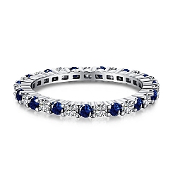 Темно-Синий Родиевое покрытие 925 кольца на палец из стерлингового серебра, штабелируемое кольцо, с фианитами для женщин, кольцо вечности в богемном стиле, Обручальное кольцо, Реальная платина, темно-синий, 2.0 мм, размер США 7 (17.3 мм)
