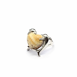 Пейзажный Джаспер Регулируемые кольца из яшмы с натуральным изображением в форме сердца, платиновое латунное кольцо, размер США 8 (18.1 мм)