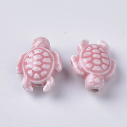 Perlas de Color Rosa Cuentas de porcelana hechas a mano, brillante estilo de porcelana esmaltada, tortuga, rosa perla, 19x15x8.5 mm, agujero: 2 mm