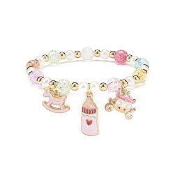 Bottle Colorful Alloy Enamel Cute Charms Bracelet, Plastic Pearl & Acrylic & Synthetic Hematite Round Beaded Bracelet for Women, Bottle Pattern, Pendant: 12~23x10~15.5x1.5~3.5mm, Inner Diameter: 2-1/8 inch(5.5cm)