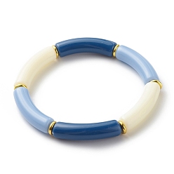 Sky Blue Imitation Jade Acrylic Curved Tube Beaded Stretch Bracelet for Women, Sky Blue, Inner Diameter: 2-1/8 inch(5.3cm)