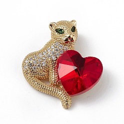 Red Real 18K Gold Plated Rack Plating Brass Micro Pave Clear Cubic Zirconia Pendants, with Glass, Long-Lasting Plated, Cadmium Free & Lead Free, Leopard with Heart Charm, Red, 24x22x8mm, Hole: 5x3mm