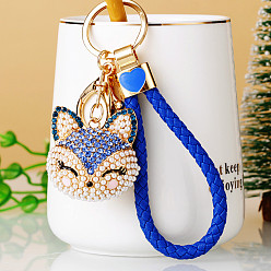 Medium Blue Full Rhinestone Pearl Fox Head Pendant Keychain, with Zinc Alloy Findings and Polyester Cord, for Women's Bag Pendant Decorations, Medium Blue, 100mm