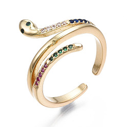 Colorful Spakling Cubic Zirconia Snake Wrap Cuff Ring, Real 18K Gold Plated Brass Open Ring for Women, Nickel Free, Colorful, US Size 6 3/4(17.1mm)