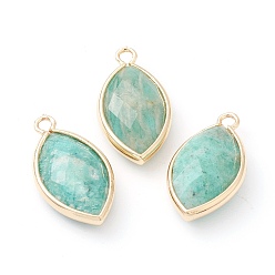 Amazonite Natural Amazonite Pendants, with Golden Brass Edge, Faceted, Horse Eye, 22x12x5.5mm, Hole: 1.8mm