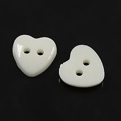Blanc Boutons acryliques de coeur , boutons de couture en plastique pour la conception de costumes, 2-trou, teint, blanc, 14x14x3mm, Trou: 1mm